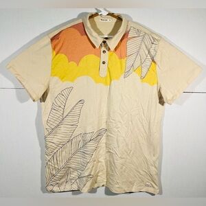 Marine Layer Men’s Beige Polo Shirt Sunset Tropical Leafs Graphic Size XL